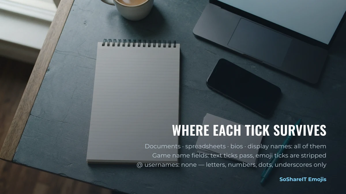 Notebook, laptop and phone on a desk showing where a text check mark and an emoji check mark are accepted