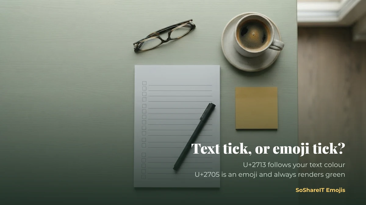 Blank paper checklist and pen illustrating the difference between a text check mark and an emoji check mark