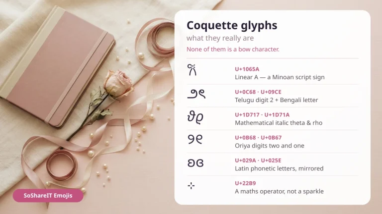 Coquette glyphs explained: Linear A U+1065A, Telugu and Bengali U+0C68 U+09CE and other coquette symbols with their Unicode code points