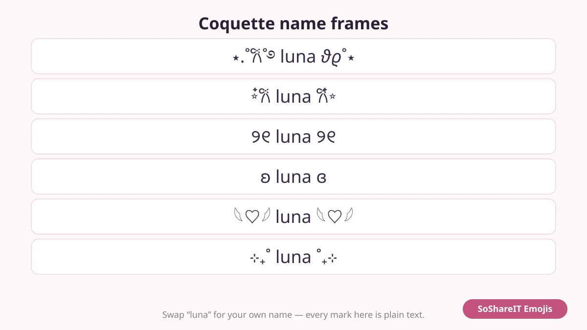Six coquette name frames built from bow and sparkle symbols around the name luna