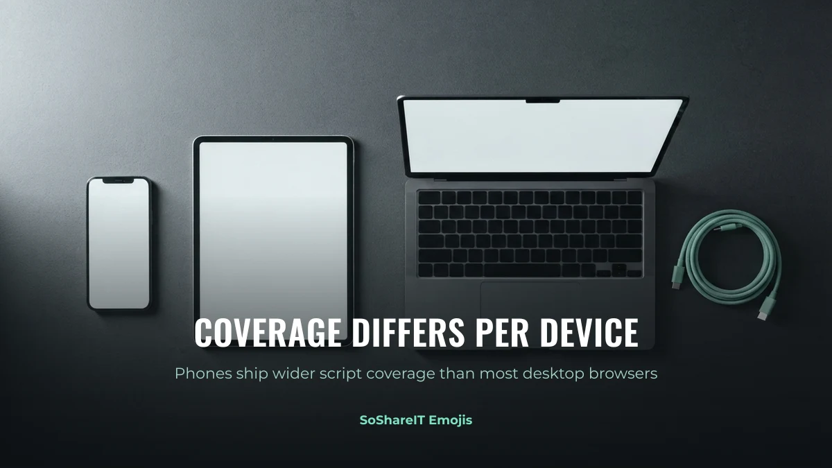 Phone, tablet and laptop side by side showing that font coverage for symbols differs per device