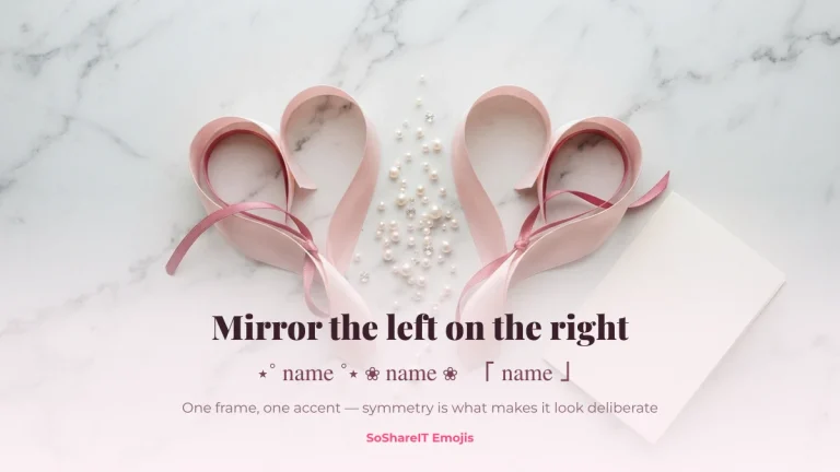 Mirrored pink satin ribbon loops illustrating symmetrical symbol frames around a nickname