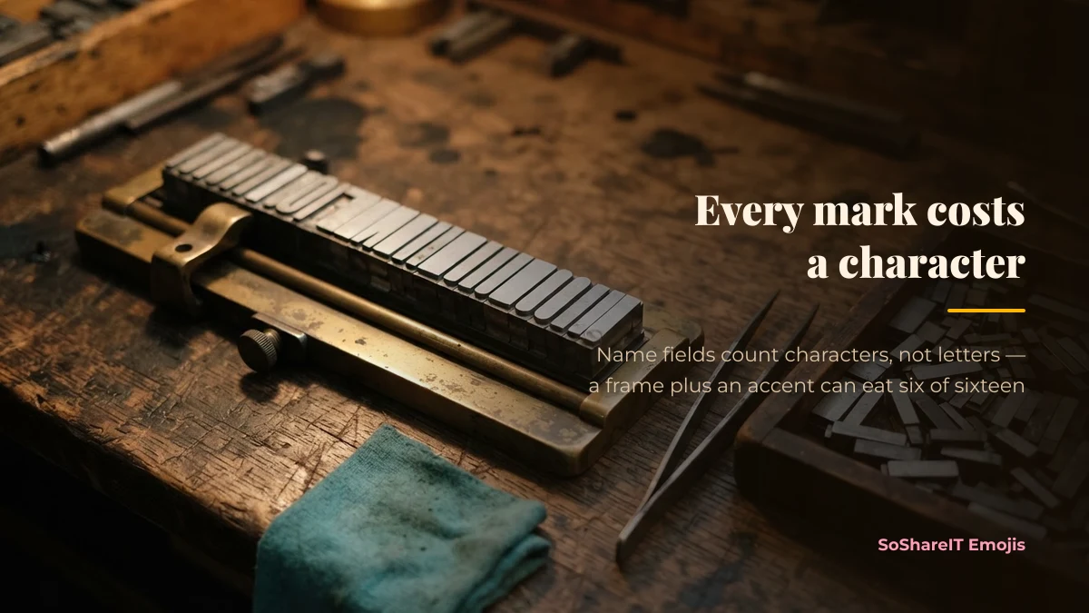 Letterpress composing stick with blank metal type illustrating that name fields count characters not letters