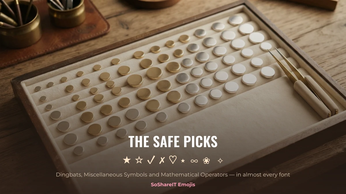 Jeweller tray of blank metal discs illustrating widely supported symbols such as star, heart and check mark