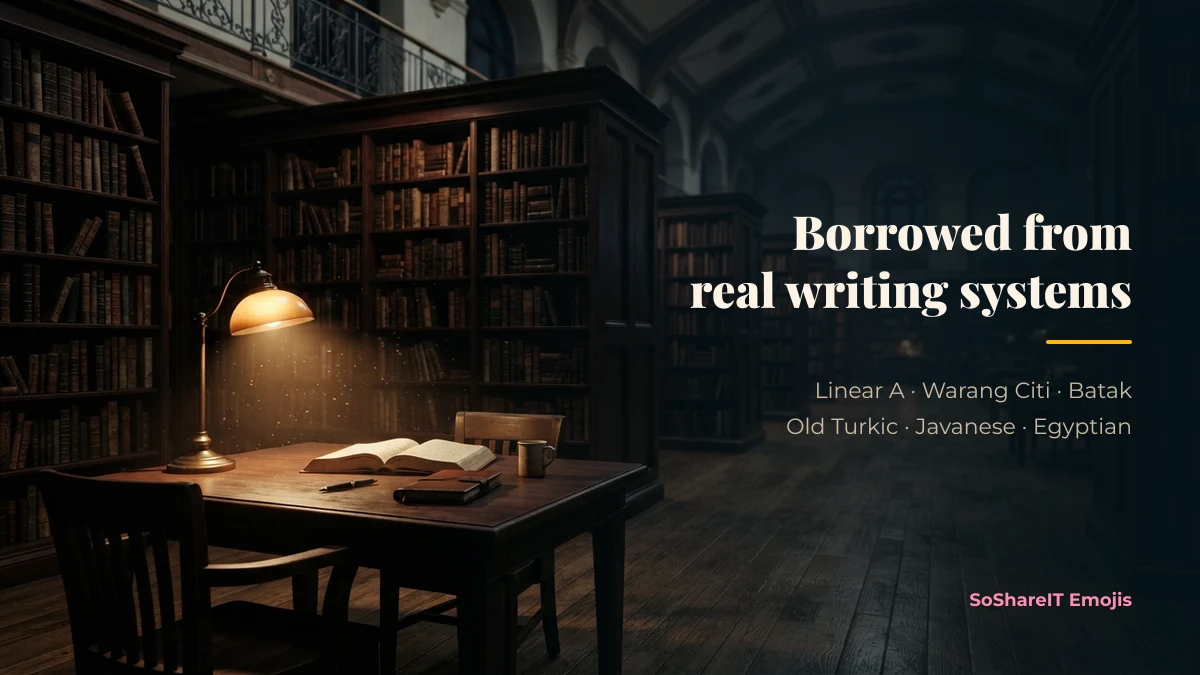 Dark library reading room illustrating scripts such as Linear A, Batak and Egyptian hieroglyphs that decorative glyphs come from