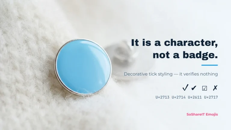Blue enamel pin badge illustrating that a verified emoji is a decorative character and not a real account badge