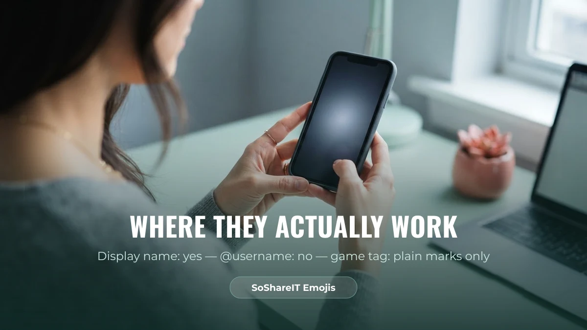 Person holding a phone, illustrating where decorated characters are accepted in a display name but not a username
