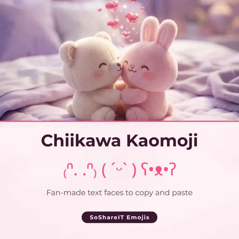 Chiikawa kaomoji text faces to copy and paste, shown over two cute plush toys